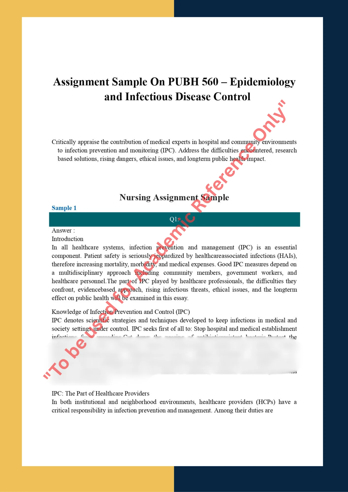 Assignment Sample On PUBH 560 – Epidemiology and Infectious Disease Control 0